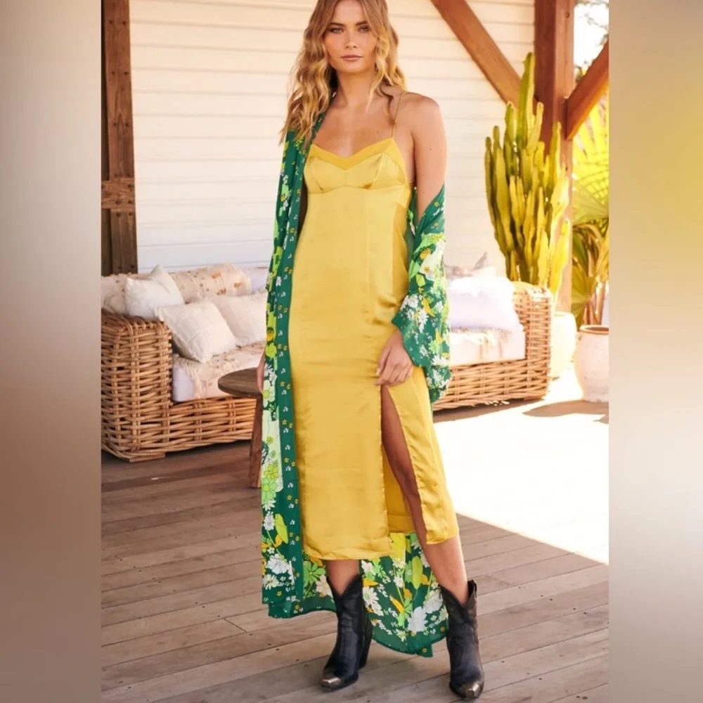💛FREE PEOPLE City Cool Midi Slip Dress, Boho Chic Yellow Gold Boho Chic SMALL